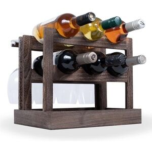 Rustic Brown Wooden Wine Rack with Stemware and Cork Storage